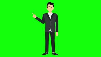 Business man cartoon character talking animation front view green screen background video