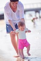 mom and baby on beach  have fun photo