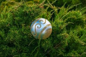 Bright big beautiful ball decoration on juniper branches. Background for a Christmas card. photo