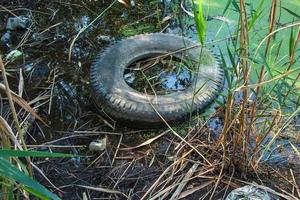 lenteja de agua y plástico, estaño, basura de caucho en el río. el concepto del problema ecológico de la contaminación ambiental. foto