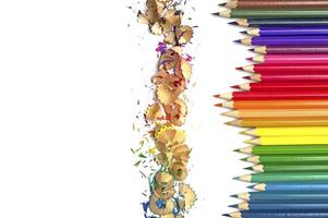 Color pencils with color pencil shavings on white background photo