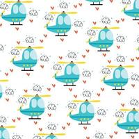 Cute pattern for boy with kids cartoon helicopter. nursery wallpaper with blue helicopter and clouds vector