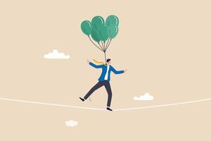 Risk management control or assessment on uncertainty, plan to survive in crisis or danger situation, reduce loss or disaster concept, businessman acrobat walk on the rope with balloons to reduce risk. vector