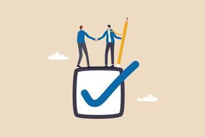 Commitment, promise or agreement to deliver or finish work, leadership skill or trust on work responsibility, accountability or engagement concept, businessman handshake on tick completed checkbox. vector