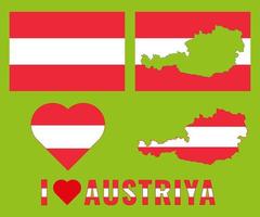 Set of vector illustrations with austria flag, country outline map and heart. Travel concept.