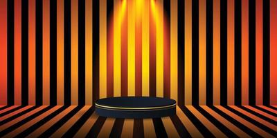 Black podium with gold border in Halloween stripe room. vector