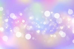 Rainbow unicorn background. Pastel gradient color sky with glitter and bokeh. Magic galaxy space with stars and hearts. Vector abstract pattern.