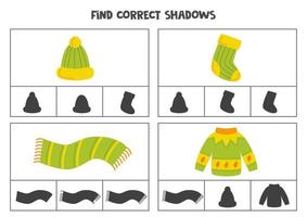 Find correct shadow of autumn warm clothes. Printable clip card games for children. vector