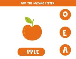 Find missing letter with hand drawn apple. Spelling worksheet. vector