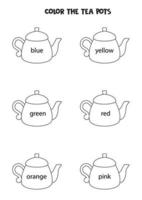 Read names of colors and color black and white tea pots. Educational worksheet. vector