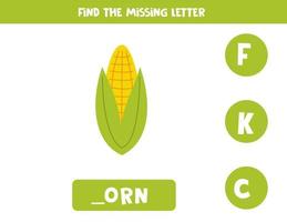 Find missing letter with hand drawn corn. Spelling worksheet. vector