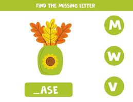 Find missing letter with hand drawn vase with leaves. Spelling worksheet. vector