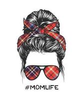 Woman messy bun hairstyle with square pattern headband and glasses hand drawn vector illustration