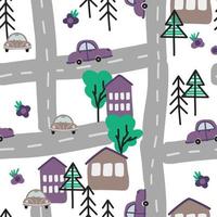 Seamless pattern with hand-drawn cars and houses, trees in the Scandinavian style, cartoon children's background, bright texture on the car theme, stylish and simple illustration, vector print