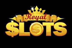Royal slot logo, golden crown and ribbon for game of casino. Vector illustration gambling banner with coin and money.