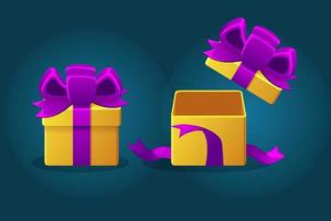 Gift boxes open and closed with purple bow for games. Vector illustration set empty box graphic element.