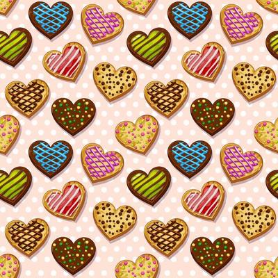 Textured seamless pattern sweet cookies heart shaped with glaze. Vector illustration cute pink background with colorful sweets for design.