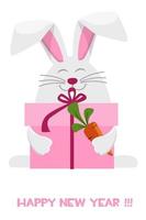 Happy New Year 2023, Cartoon Rabbit Zodiac. Greeting card template, Bunny with gift box and carrot. vector