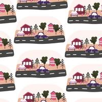 Seamless pattern with hand-drawn cars and houses, trees in the Scandinavian style, cartoon children's background, bright texture on the car theme, stylish and simple illustration, vector print