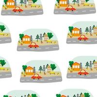 Seamless pattern with hand-drawn cars and houses, trees in the Scandinavian style, cartoon children's background, bright texture on the car theme, stylish and simple illustration, vector print