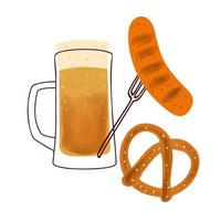 Illustration with stylized beer mug, with traditional snack pretzel grilled sausage on white background vector