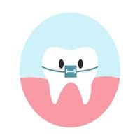 Cute healthy tooth with braces in cartoon flat style. Vector illustration of healthy teeth character, orthodontic fixed structures, dental care concept, oral hygiene