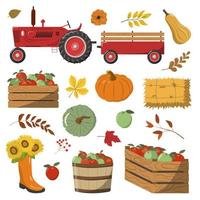 Agricultural harvest collection. Tractor with trailer, apples in bucket and crate, pumpkins, haystraw. Isolated on white background. Thanksgiving Day design. vector