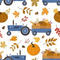 Cartoon fall blue harvest tractor with a trail, colorful pumpkins, and dry forest leaves. Harvest, farm, Thanksgiving day theme design. Isolated on white background. vector