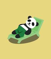 Concept of cartoon panda relaxing on beach chair. Vector illustration. Design element. Summer panda. Image isolated on colored background
