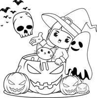 Halloween coloring book cute little girl witch vector