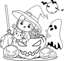 Halloween coloring book cute little girl witch vector