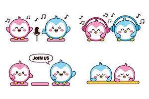 conjunto de linda pareja kawaii pingüino pequeño azul y rosa para pegatina de redes sociales emoji cantando con auriculares y micrófono únete a nosotros siéntete aburrido o triste emoticono vector