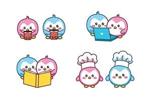 conjunto de linda pareja kawaii pingüino pequeño azul y rosa para pegatina de redes sociales emoji bebida té de burbujas reloj en computadora leyendo libro chef emoticono vector