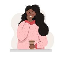 A dark skinned girl in a pink blouse with a cup of coffee. The concept of a coffee shop. Vector illustration in a flat style