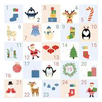 calendario de adviento con 25 días ilustrados. elementos decorativos navideños y lindos personajes. cuenta regresiva de navidad. vector