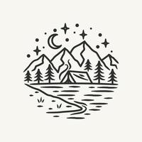 insignia de logotipo de paisaje de naturaleza de aventura de línea dibujada a mano vector