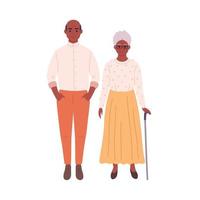 pareja afroamericana de edad avanzada con un estilo elegante y moderno. abuelo y abuela sonrientes con ropa moderna. hombre y mujer jubilados vector