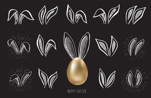 Happy Easter. Set of rabbits's ears. Gold eggs. Hand drawn illustration. vector