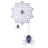 Spiders on the web in realistic style. Helloween creepy decoration for party. Colorful vector illustration isolated on white background.