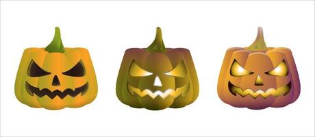 Pumpkins in realistic style. Orange creepy characters with smile. Helloween autumn holiday. Colorful vector illustration isolated on white background.