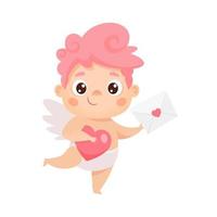 Cute cupid with love letter and heart. Vector cartoon character for Valentine's day