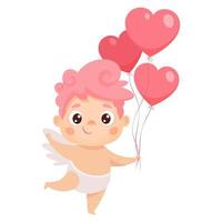 lindo Cupido con globos en forma de corazón. personaje de dibujos animados de vector para el día de san valentín