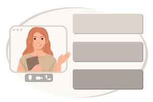 Woman character on web screen with windows for text. Video conference online call. Online training or work from home concept. Vector illustration.