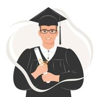 Happy graduate student with a diploma, wearing a robe and a square academic cap. A young man who graduated from studies. Flat vector illustration on white background.