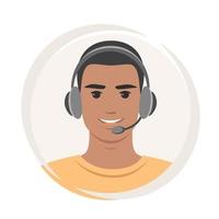 Man with dark skin with headphones and microphone. Customer service, support, call center. Vector illustration