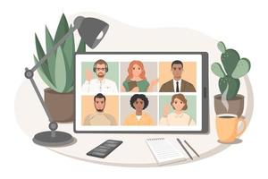 Group of people talking web chatting via video conference. Online meeting, concept  online training or education . Stay home safe, quarantine concept. Vector illustration in flat style.