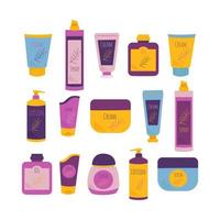 A set of cosmetics for the body, creams, scrubs, lotions. Body care. Vector illustration in flat style
