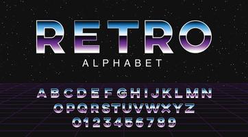 fuente retroonda futurista. letras y números metálicos degradados a rayas en el fondo del espacio. alfabeto de ciencia ficción al estilo retro de los años 80. onda de sintetizador abc. vector