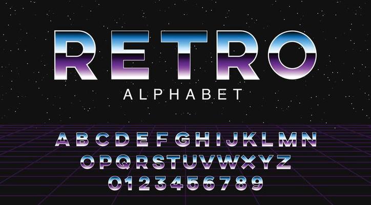 Futuristic retrowave font. Striped gradient metallic letters and numbers on space background. Sci-fi alphabet in retro 80's style. Synth Wave ABC.