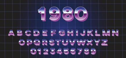 Retro alphabet in synthwave style. 80's letters with chrome gradient vector
